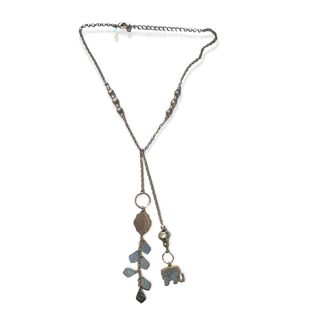 Chico's Silver Tone Beaded Y Drop Elephant Pendant Necklace